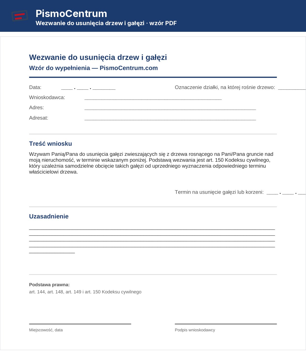 Wezwanie do usunięcia drzew i gałęzi — pusty wzór PDF z polem na termin usunięcia