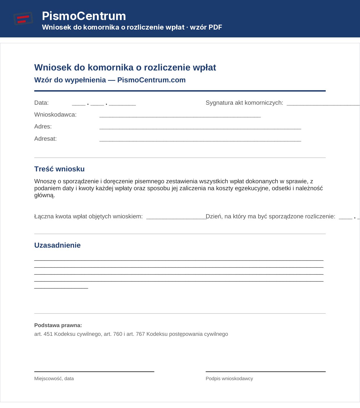 Wniosek do komornika o rozliczenie wpłat — pusty wzór PDF z polem na sygnaturę akt komorniczych