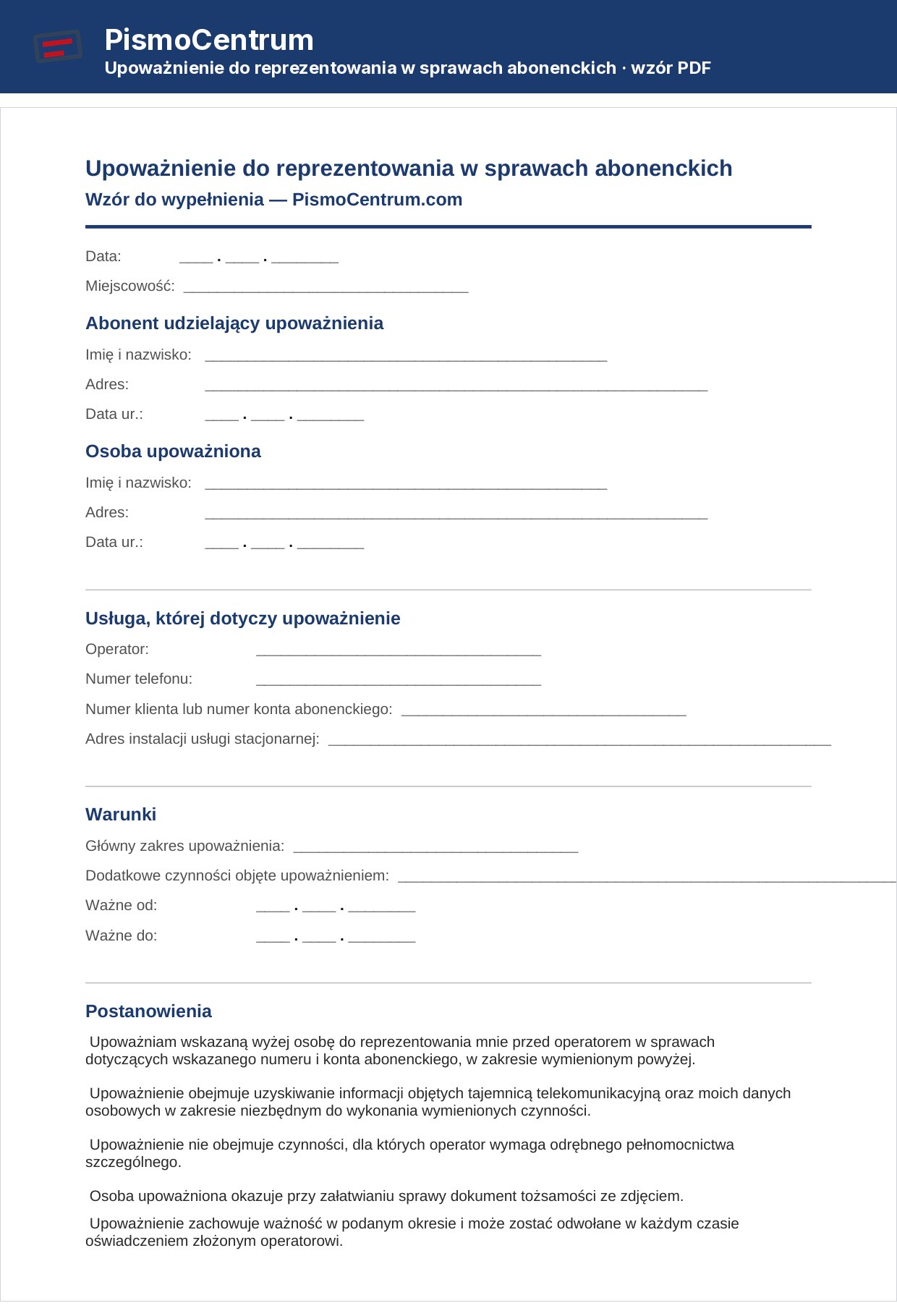 Upoważnienie w sprawach abonenckich — pusty wzór PDF z polami na zakres i okres ważności