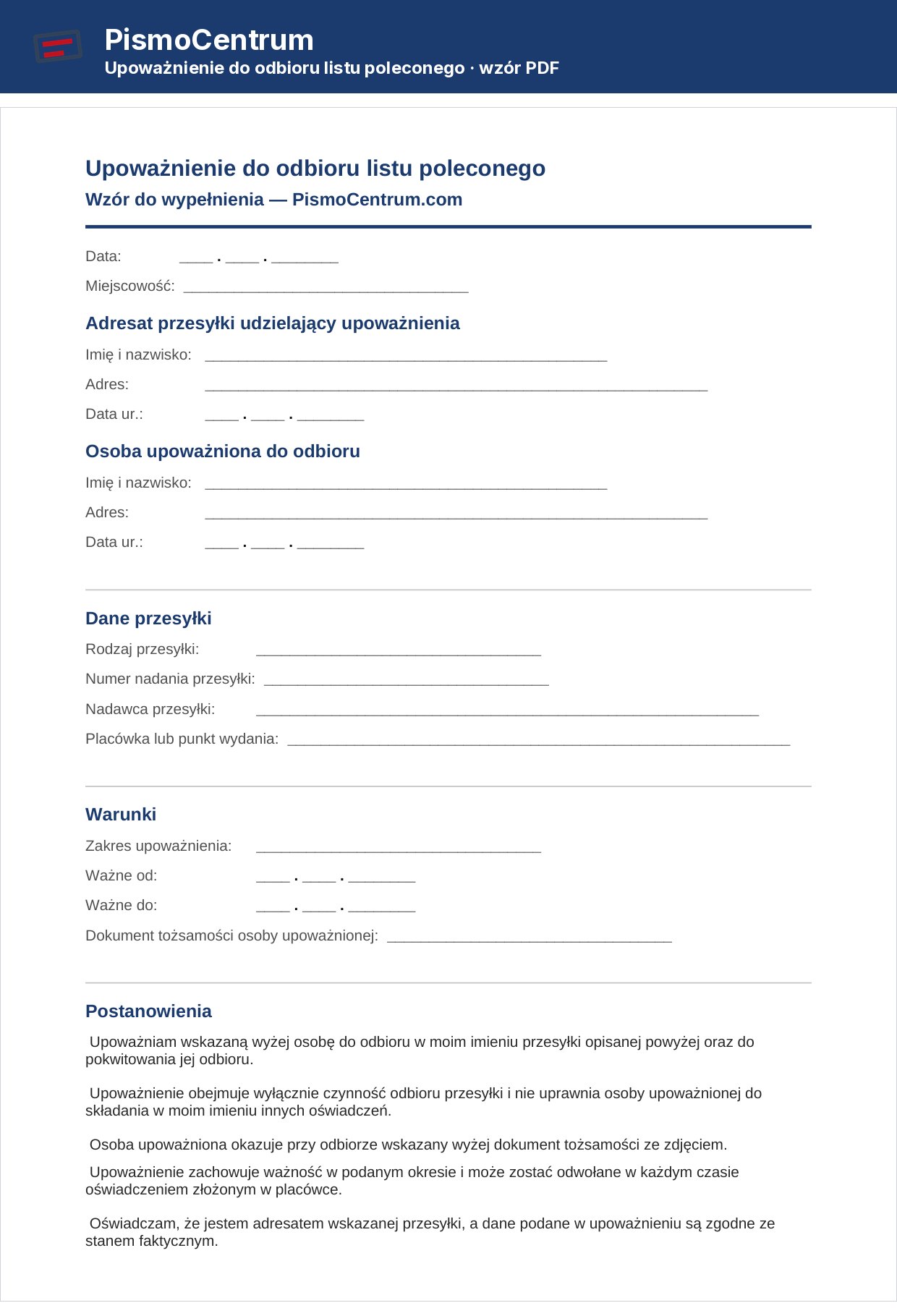 Upoważnienie do odbioru listu poleconego — pusty wzór PDF z polami na dane przesyłki