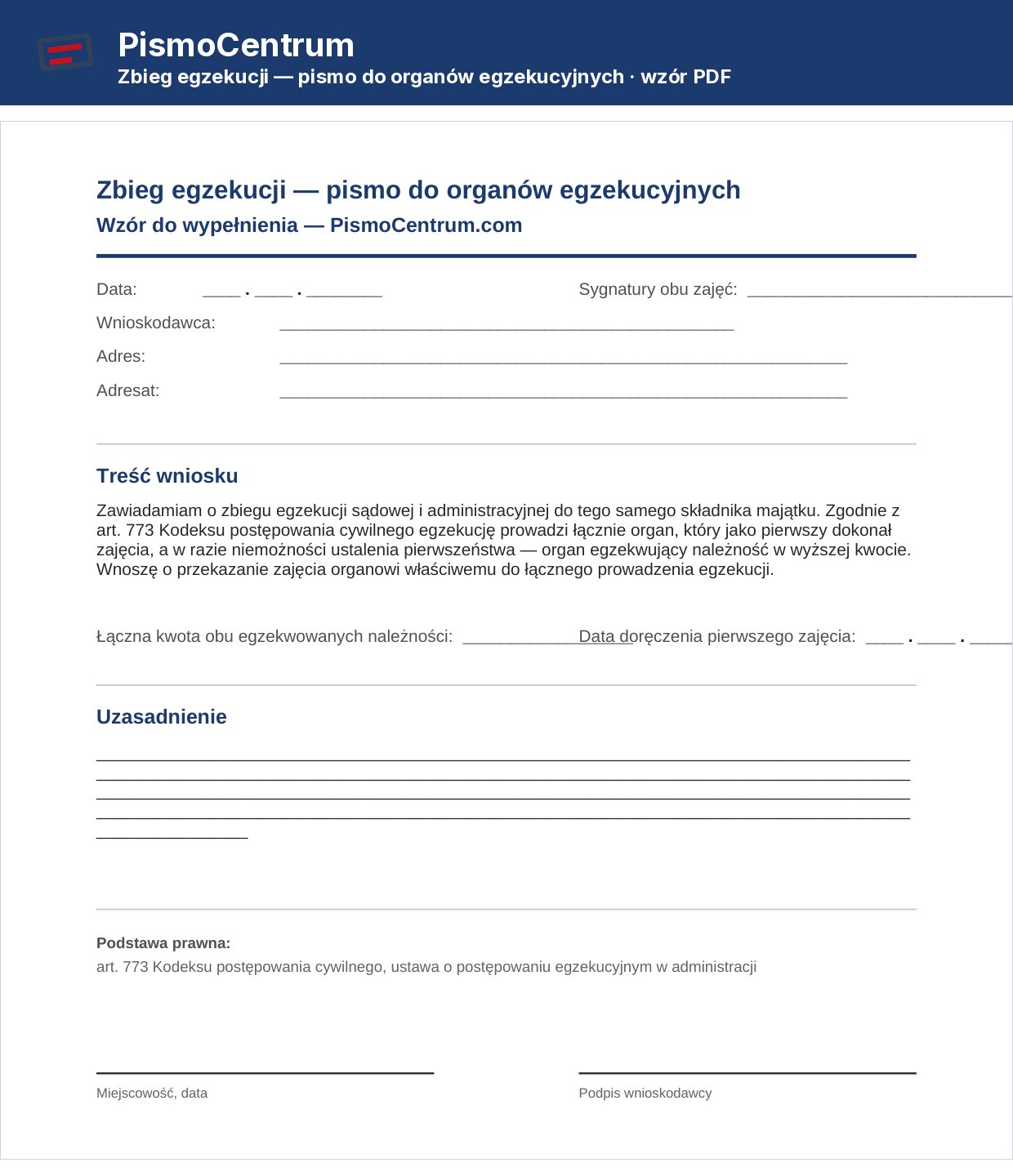 Pismo o zbiegu egzekucji — pusty wzór PDF z polami na oba organy egzekucyjne i obie sygnatury